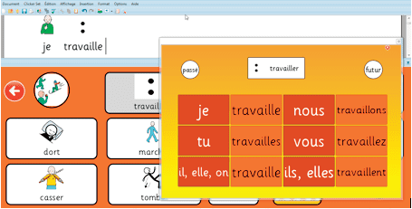 Au clic sur la cellule « travailler » s’ouvre une fenêtre contextuelle qui permet de conjuguer le verbe.