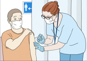 Homme se faisant vacciner contre la covid-19, image de Sheila Hollins de Word Beyond Books 