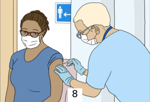 Femme se faisant vacciner contre la covid-19, image de Sheila Hollins de Word Beyond Books 