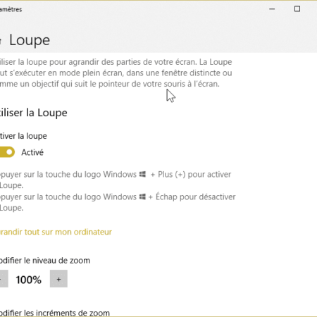 Activation de la Loupe dans les Options d'ergonomie de Windows