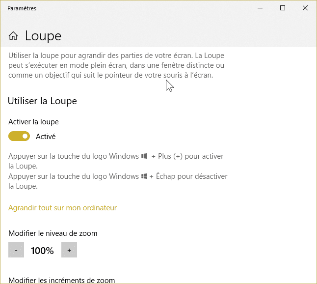 Activation de la Loupe dans les Options d'ergonomie de Windows