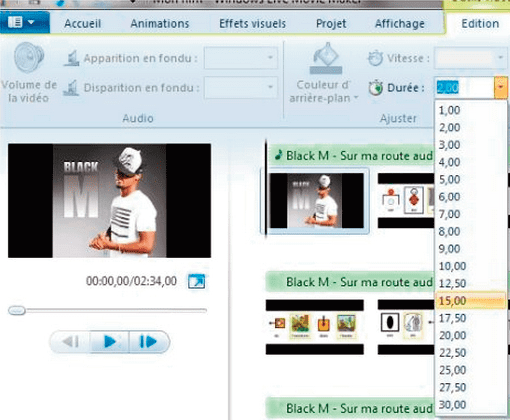Adaptation de la musique sur les paroles (chronométrage depuis le menu édition de Windows Movie Maker