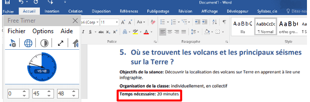 Affichage du minuteur dans un devoir de géographie, temps nécessaire mentionné dans l’exercice