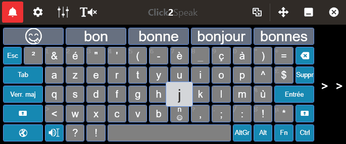 Clavier virtuel Click2Speak - élargissement des touches survolées et fenêtre prédictive
