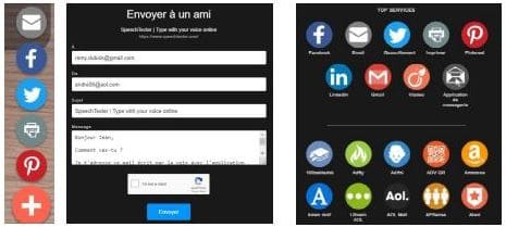 Envoi du texte par e-mail ou partage via réseaux sociaux