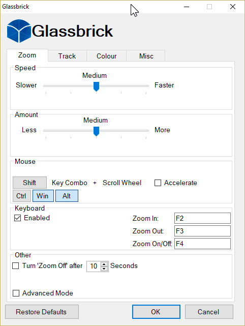 Fenêtre de réglages de GlassBrick