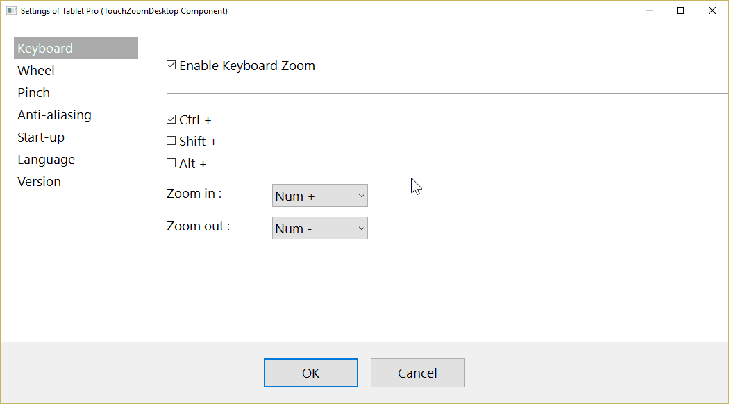 Fenêtre des réglages de TouchZoomDesktop