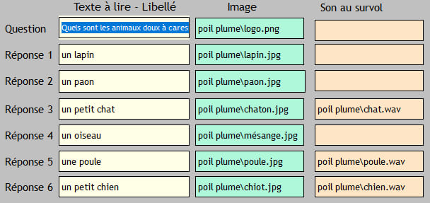 Grille de paramétrage d’une question - partie gauche correspondant aux actions au survol