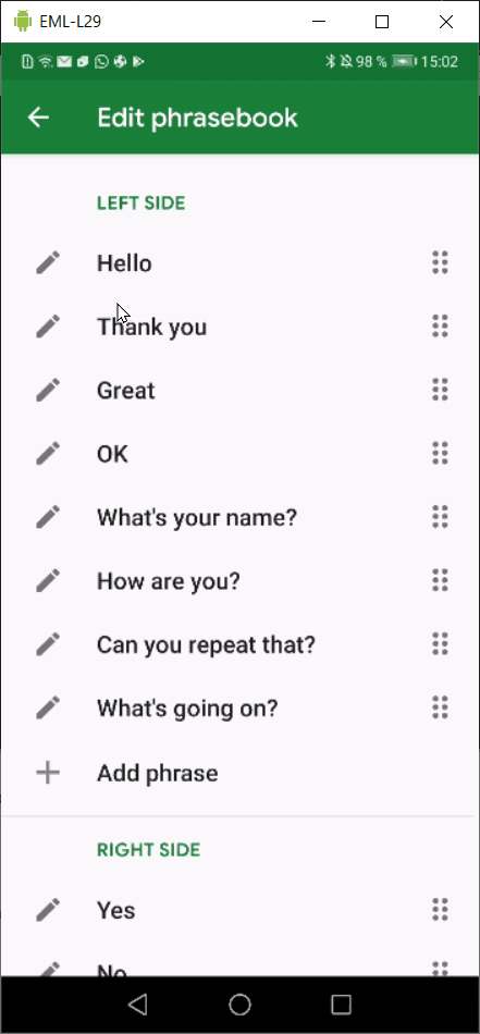 La fenêtre d'édition de la liste de phrases