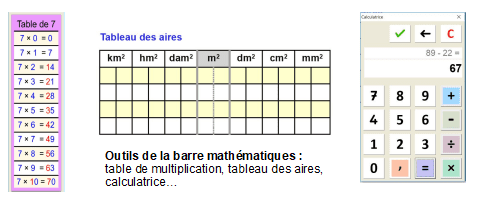 Outils de la barre mathématiques - table de multiplication, tableau des aires, calculatrice…