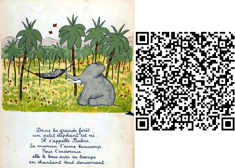 Page d'un album pour enfant, et le code QR correspondant