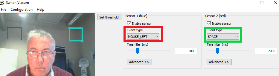 Switch Viacam - actions du clavier associées aux zones de capture