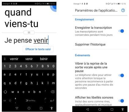 Transcription instantanée - appel du clavier virtuel, et paramètres de l’application