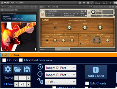 EyePlayChords synchronisé au logiciel Kontakt Player (son de guitare rock) Paramétré sur LoopMIDI Port 1.