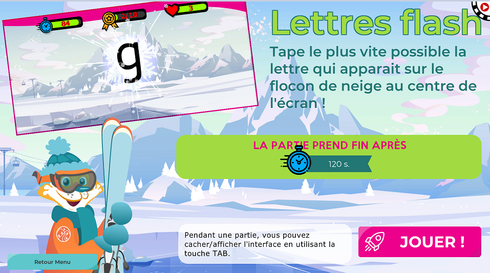 Capture d'écran Lettres flash : tape le plus vite possible la lettre qui apparait sur le flocon de neige au centre de l'écran. La partie prend fin après 120 secondes, jouer !