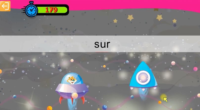 Facil'Ordys, Module Mot Flash : mot "sur" dans barre transversale et graphisme spaciaux enfantins