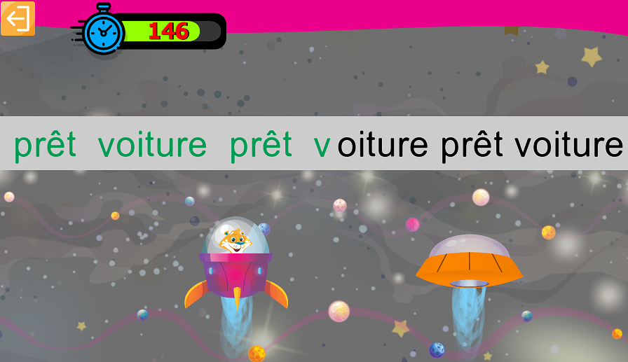 Module Répétition de Mots : prêt voiture prêt voiture, avec graphisme de l'espace enfantins