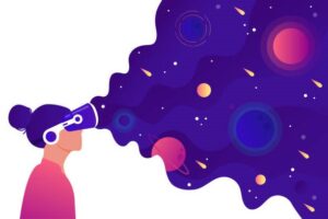 Dessin d'une femme portant un casque de réalité virutelle