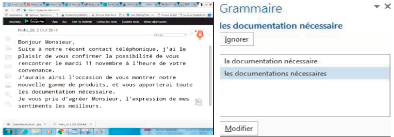 Exemple de texte dicté dans Speechnotes depuis un micro-casque usb, puis texte collé dans Word - Le vérificateur orthographique et grammatical de Word ignore la faute de conjugaison et propose la correction du pluriel