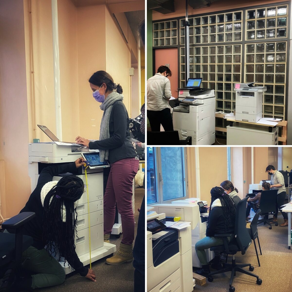 Personnes testant des photocopieurs