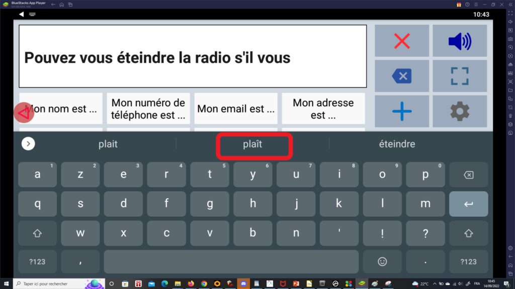 L’application Assistant Parole lancée dans l’interface BlueStack App Player