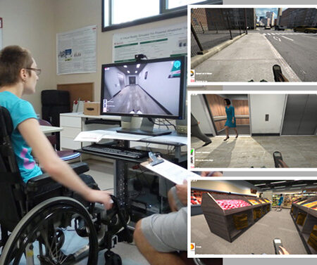 Personne en train de s'excercer avec le simulateur de fauteuil roulant miWe