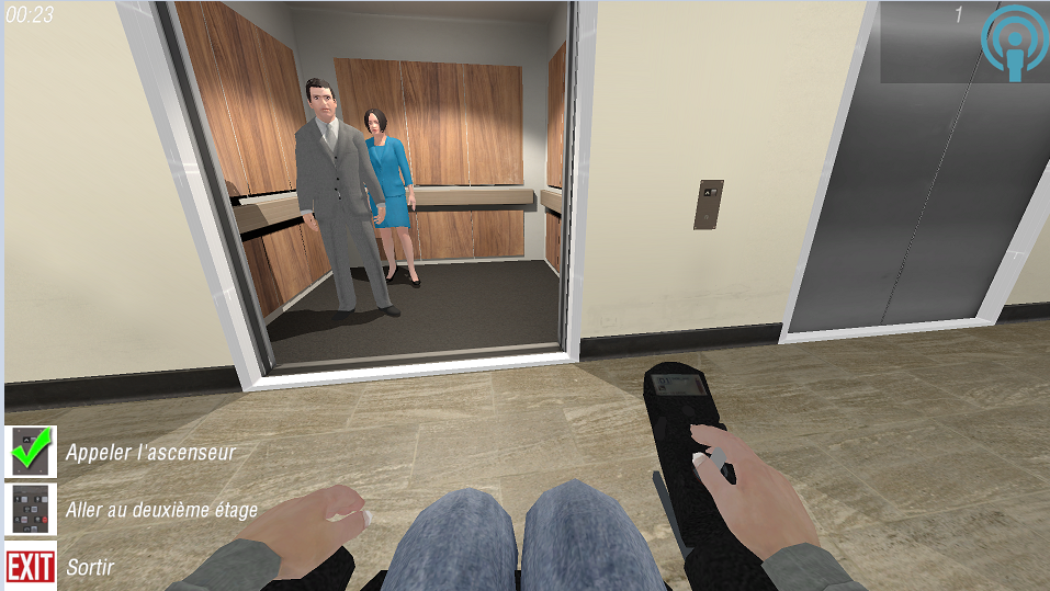 Miwe 2 : vous êtes en fauteuil roulant et approchez d'un ascenseur dont les portes sont ouvertes