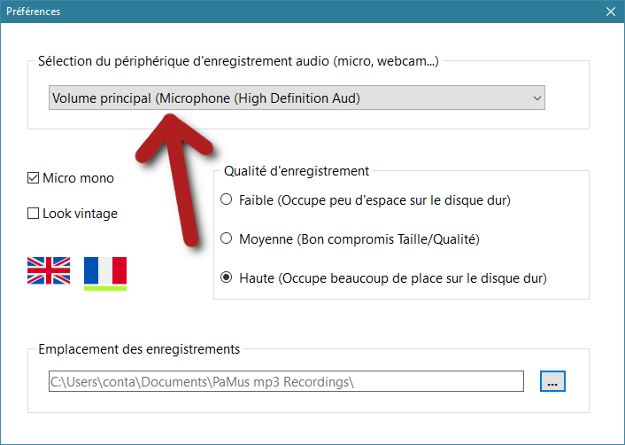 PaMus MP3 Recorder : accéder aux paramètres