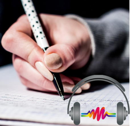 PaMus MP3 Recorder : main tenant un stylo et picto d'un casque audio