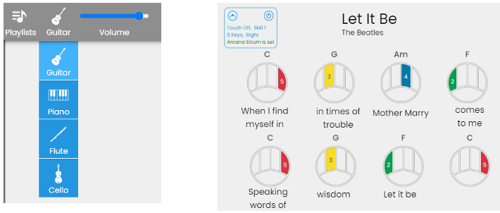 Arcana Music School : choix d’un instrument, et affichage d’une mélodie choisie