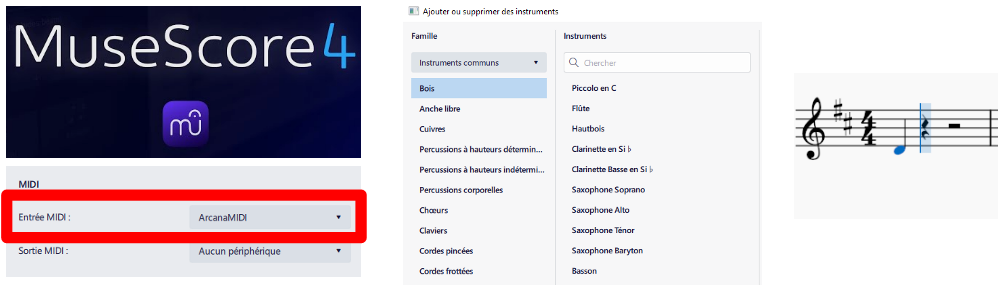 MuseScore : Entrée MIDI « Arcana », ajouter un instrument, et placement d’une note sur la partition vierge. 