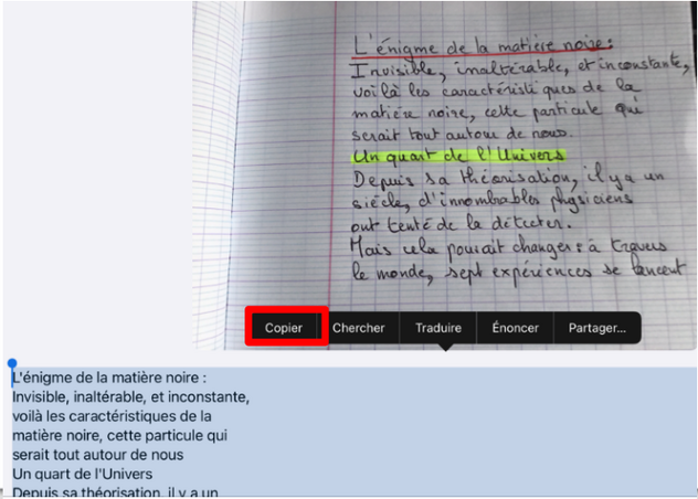 Le texte reconnu peut ensuite être copier/coller