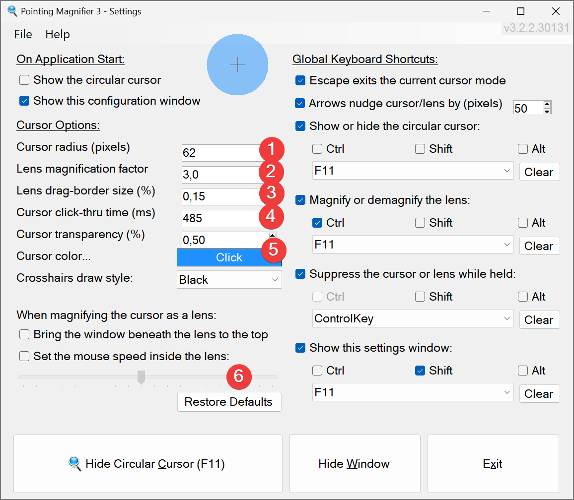 Fenêtre de paramétrage