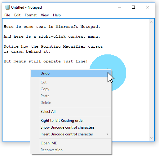 Le « curseur de zone » apparaît derrière le menu