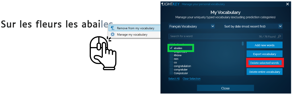 Dictionnaire : suppression de mots non utilisés ou mémorisés avec une erreur orthographique