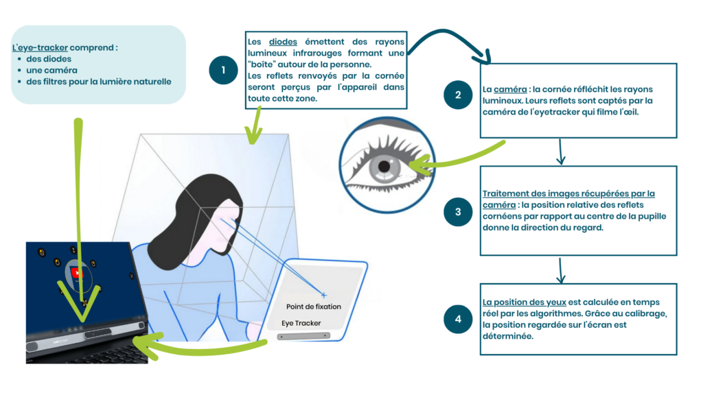 Fonctionnement d’un eyetracker fixé à un ordinateur (adapté de Birbrain, 2020 et Lucie Mazué 2022)
