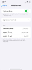 Réglages de parole en direct : "expressions favorites" et choix de la voix en fonction de la langue