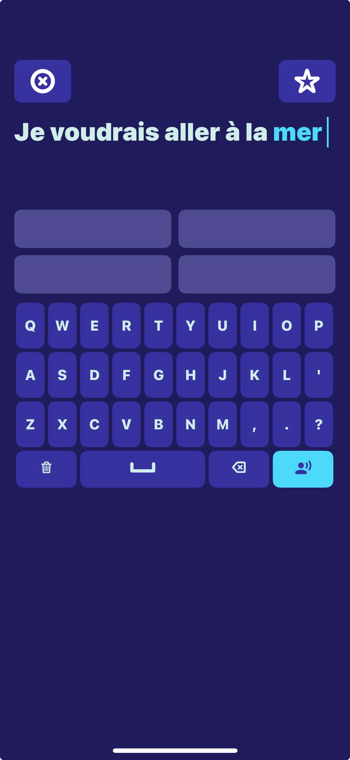 Capture d'écran de l'application Vocable énonçant la phrase "Je voudrais aller à la mer"