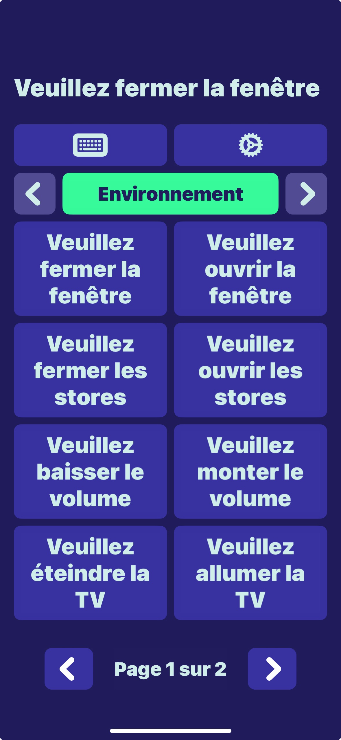 Capture d'écran de l'application Vocable, catégorie "Environnement" > "Veuillez fermer la fenêtre", "Veuillez ouvrir la fenêtre"
