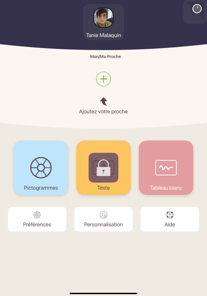Ecran de Lemma permettant d'ajouter un proche et de lui associer pictogrammes, texte ou tableau blanc