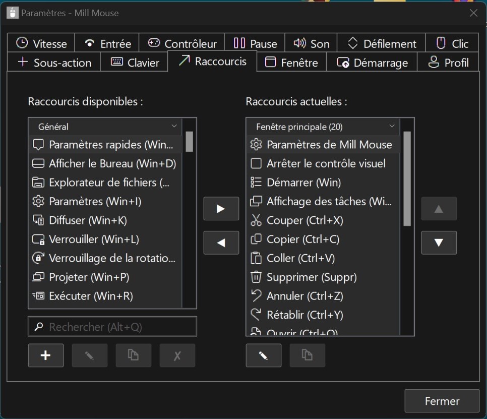 Mill Mouse : Menu sous actions
