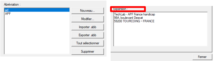 Ajout d’une abréviation : dans cet exemple, « ad » → expansion « adresse du Techlab »