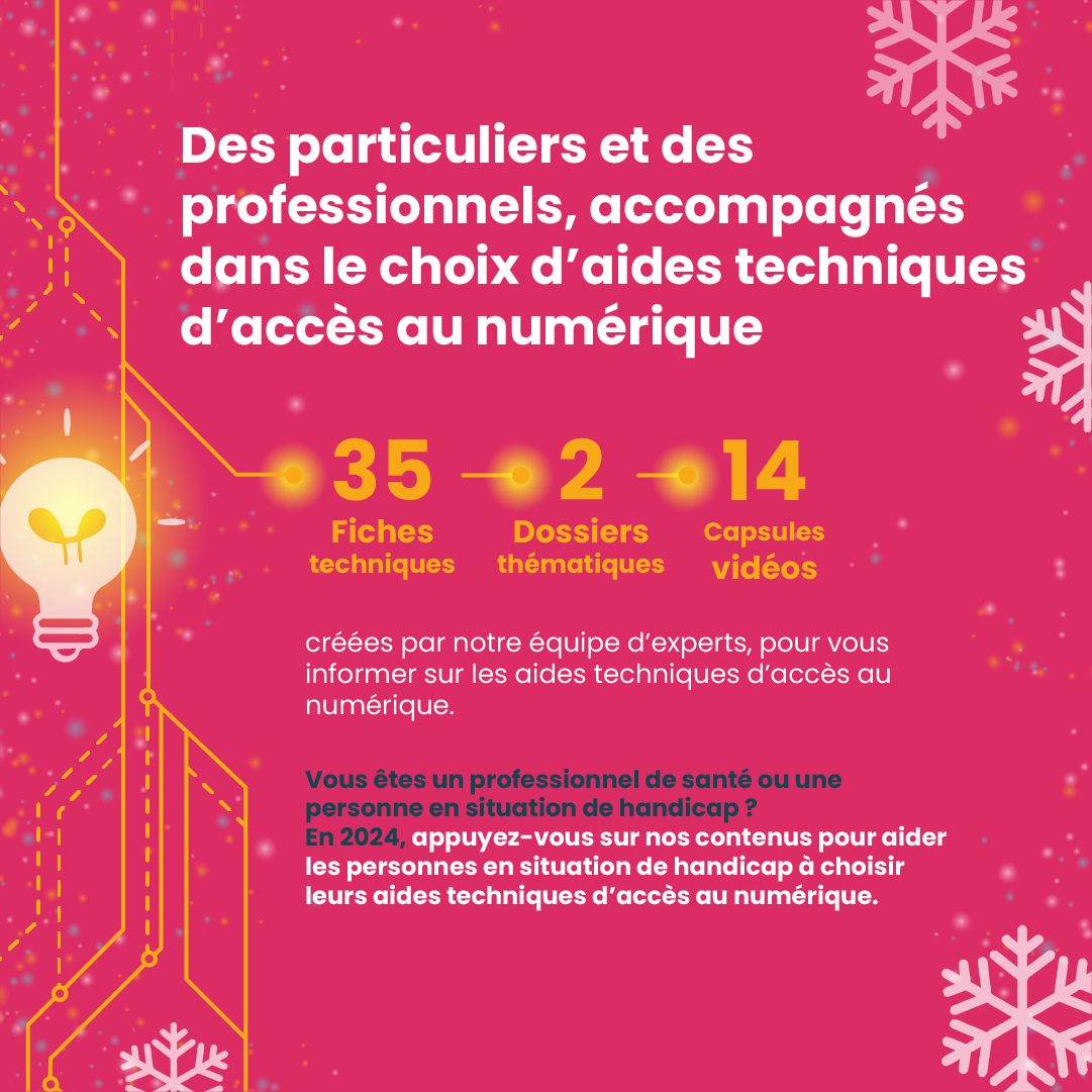 Des particuliers et des professionnels, accompagnés dans le choix d’aides techniques d’accès au numérique 35 Fiches techniques, 2 dossiers thématiques et 14 capsules vidéos créées par notre équipe d’experts, pour vous informer sur les aides techniques d’accès au numérique. Vous êtes un professionnel de santé ou une personne en situation de handicap ? En 2024, appuyez-vous sur nos contenus pour aider les personnes en situation de handicap à choisir leurs aides techniques d’accès au numérique.